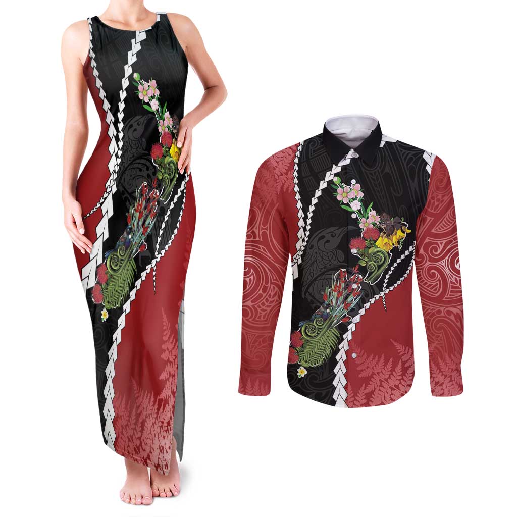 New Zealand Christmas Couples Matching Tank Maxi Dress and Long Sleeve Button Shirt Flora Map with Birds LT7 Black - Polynesian Pride