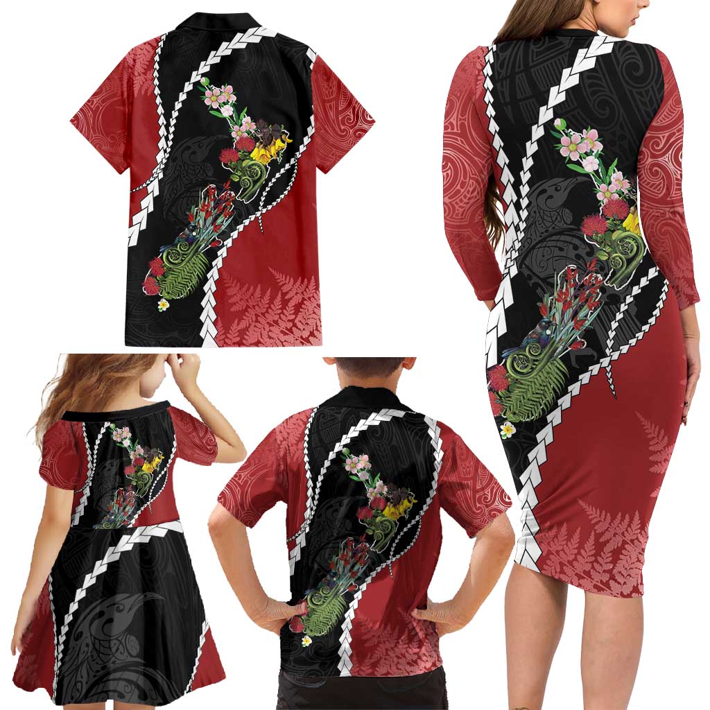 New Zealand Christmas Family Matching Long Sleeve Bodycon Dress and Hawaiian Shirt Flora Map with Birds LT7 - Polynesian Pride