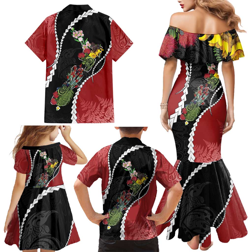 New Zealand Christmas Family Matching Mermaid Dress and Hawaiian Shirt Flora Map with Birds LT7 - Polynesian Pride