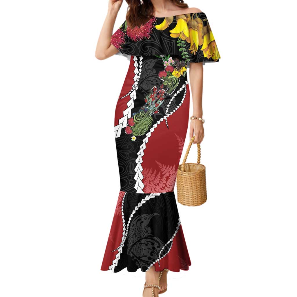 New Zealand Christmas Family Matching Mermaid Dress and Hawaiian Shirt Flora Map with Birds LT7 Mom's Dress Black - Polynesian Pride