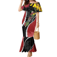 New Zealand Christmas Family Matching Mermaid Dress and Hawaiian Shirt Flora Map with Birds LT7 Mom's Dress Black - Polynesian Pride