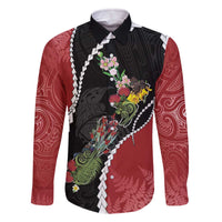 New Zealand Christmas Family Matching Off The Shoulder Long Sleeve Dress and Hawaiian Shirt Flora Map with Birds LT7 Dad's Shirt - Long Sleeve Black - Polynesian Pride