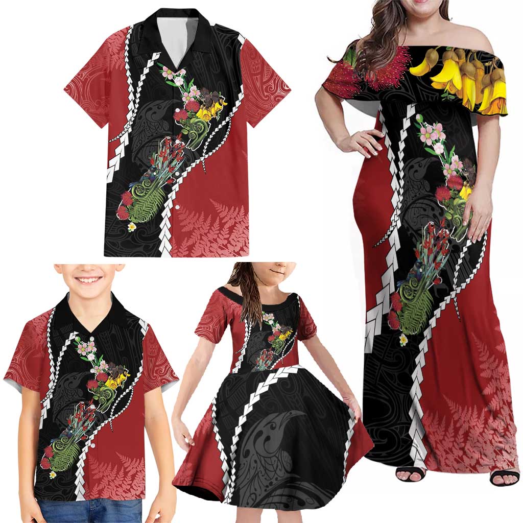 New Zealand Christmas Family Matching Off Shoulder Maxi Dress and Hawaiian Shirt Flora Map with Birds LT7 - Polynesian Pride