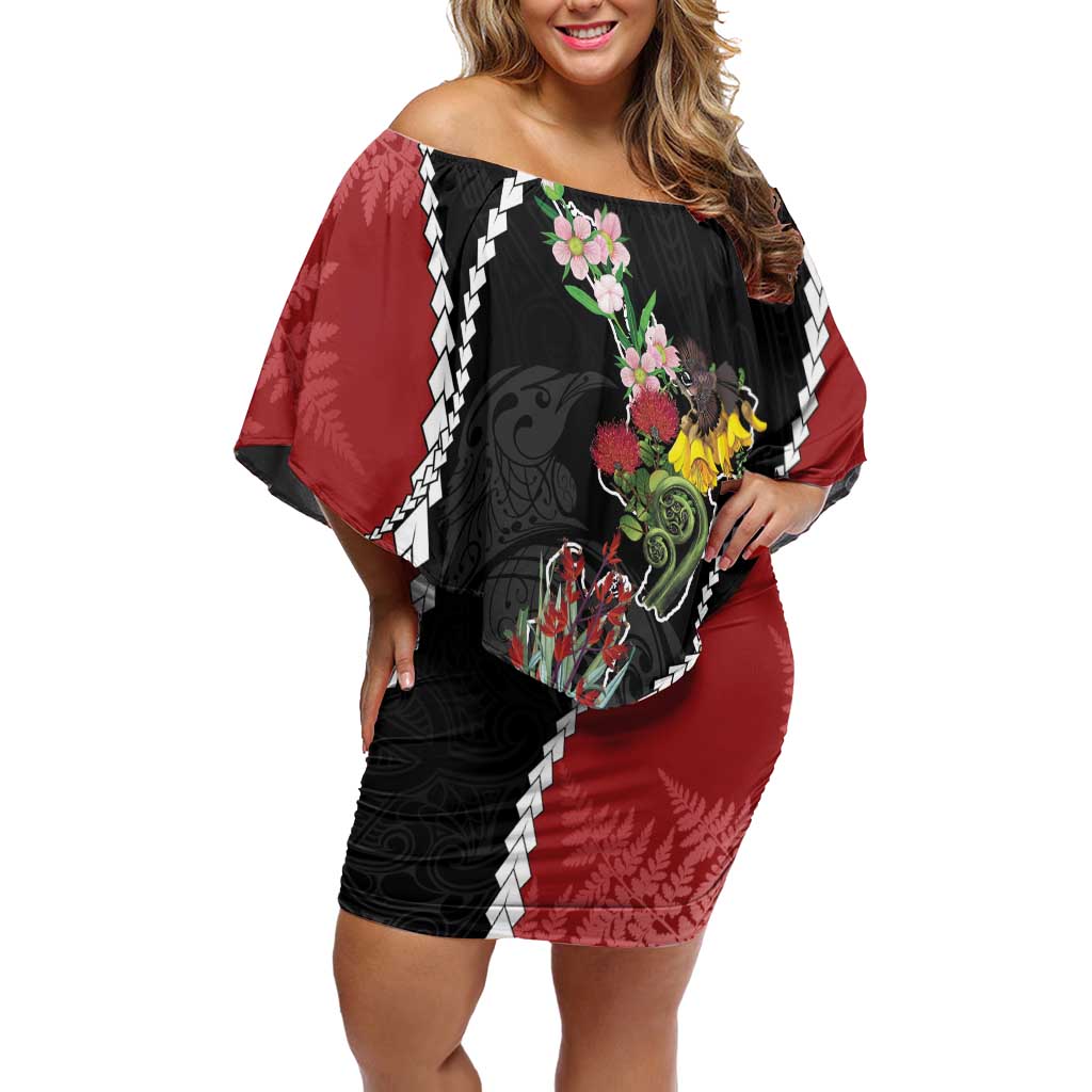 New Zealand Christmas Family Matching Off Shoulder Short Dress and Hawaiian Shirt Flora Map with Birds LT7 Mom's Dress Black - Polynesian Pride