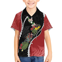 New Zealand Christmas Family Matching Off Shoulder Short Dress and Hawaiian Shirt Flora Map with Birds LT7 Son's Shirt Black - Polynesian Pride
