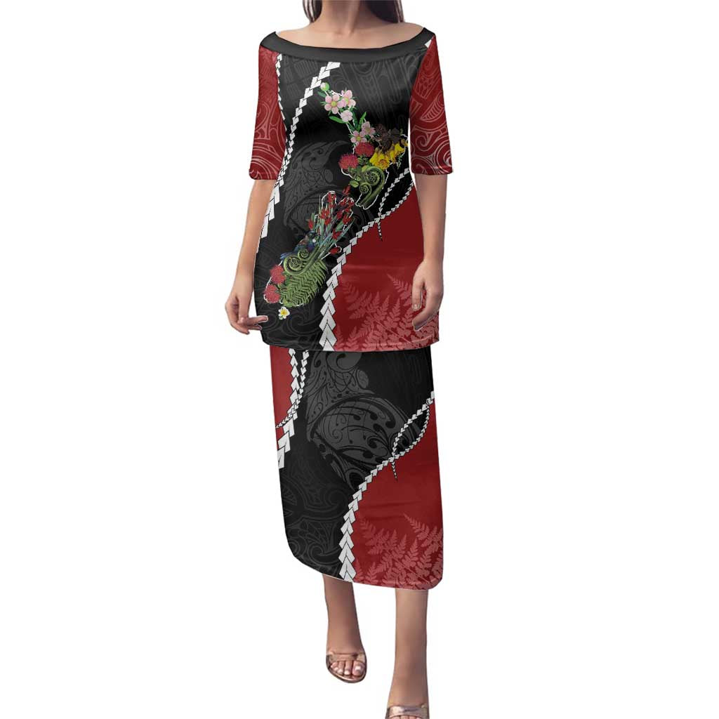 New Zealand Christmas Family Matching Puletasi and Hawaiian Shirt Flora Map with Birds LT7 Mom's Dress Black - Polynesian Pride