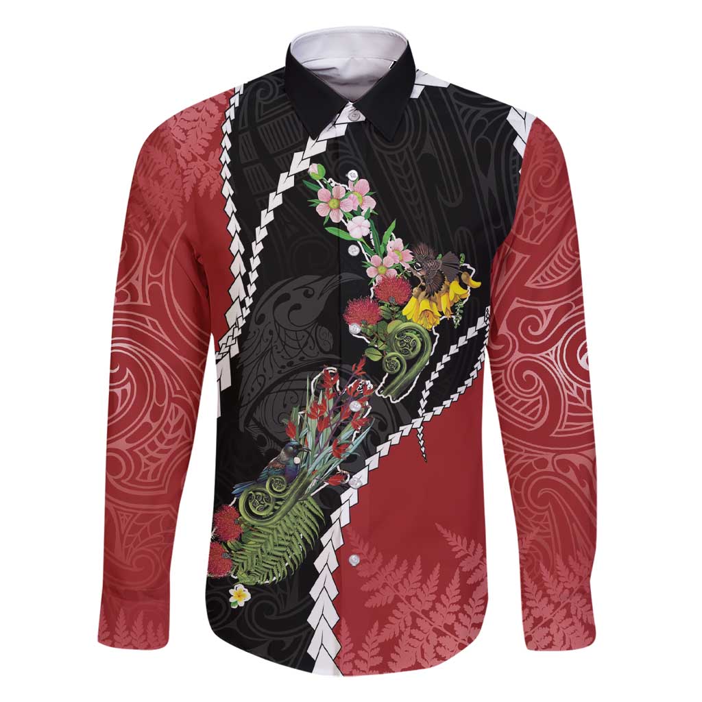 New Zealand Christmas Family Matching Short Sleeve Bodycon Dress and Hawaiian Shirt Flora Map with Birds LT7 Dad's Shirt - Long Sleeve Black - Polynesian Pride