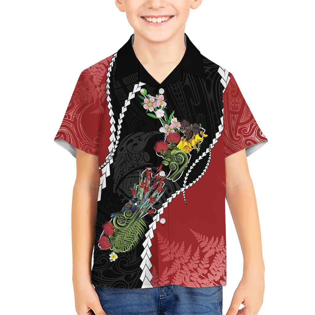 New Zealand Christmas Family Matching Short Sleeve Bodycon Dress and Hawaiian Shirt Flora Map with Birds LT7 Son's Shirt Black - Polynesian Pride