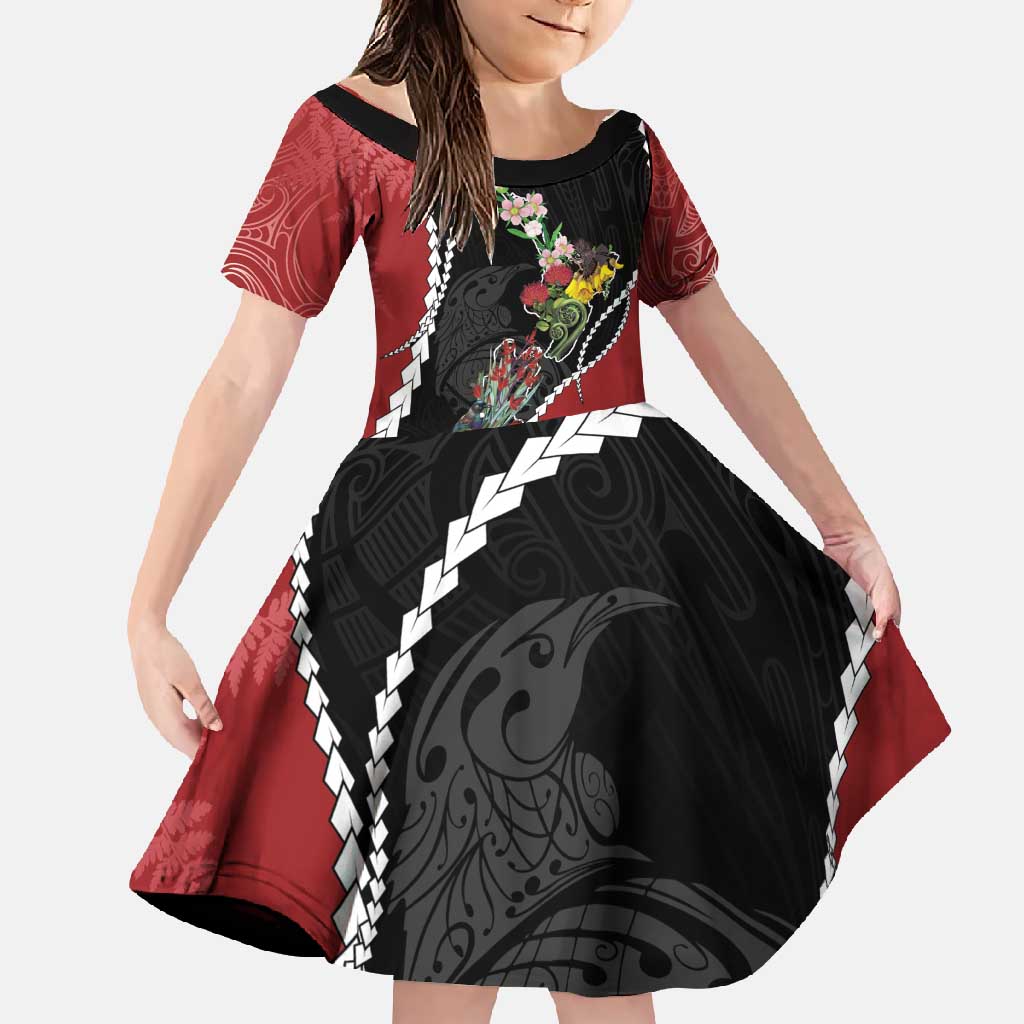 New Zealand Christmas Family Matching Summer Maxi Dress and Hawaiian Shirt Flora Map with Birds LT7 Daughter's Dress Black - Polynesian Pride