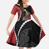 New Zealand Christmas Family Matching Summer Maxi Dress and Hawaiian Shirt Flora Map with Birds LT7 Daughter's Dress Black - Polynesian Pride
