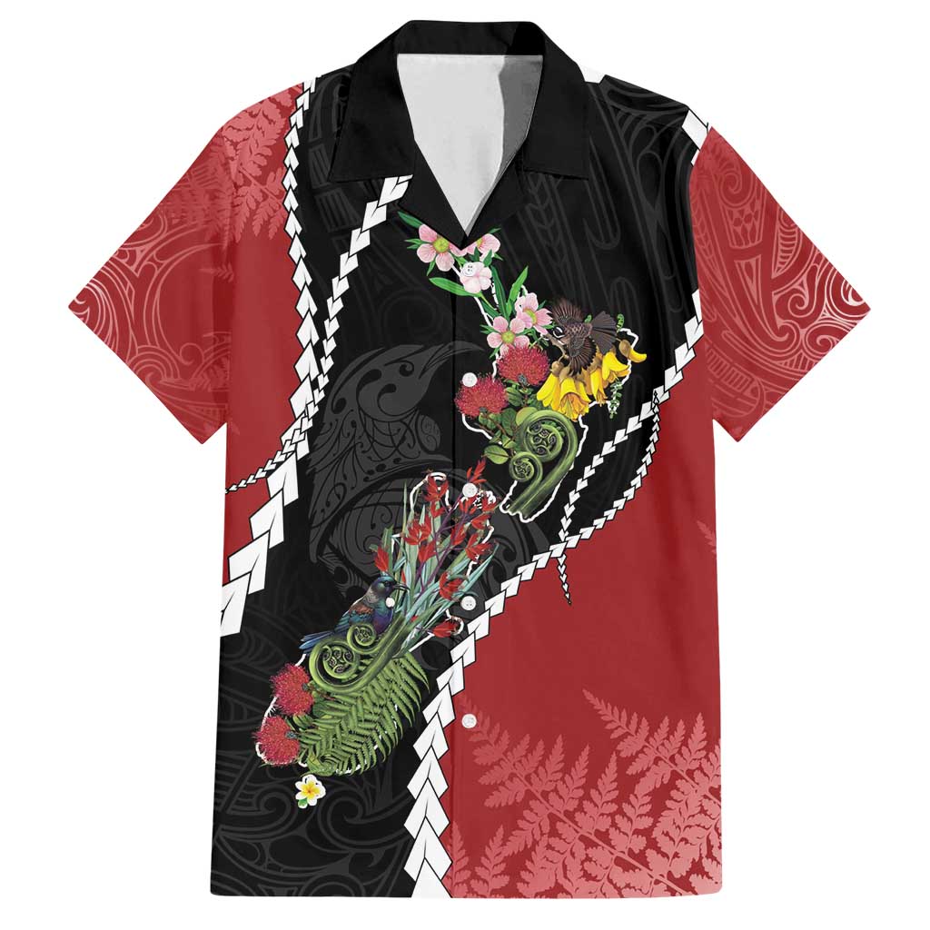New Zealand Christmas Family Matching Summer Maxi Dress and Hawaiian Shirt Flora Map with Birds LT7 Dad's Shirt - Short Sleeve Black - Polynesian Pride