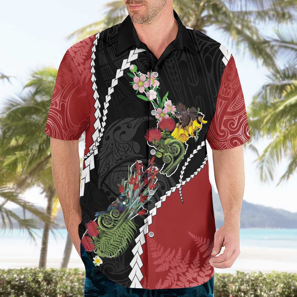 New Zealand Christmas Hawaiian Shirt Flora Map with Birds - Polynesian Pride