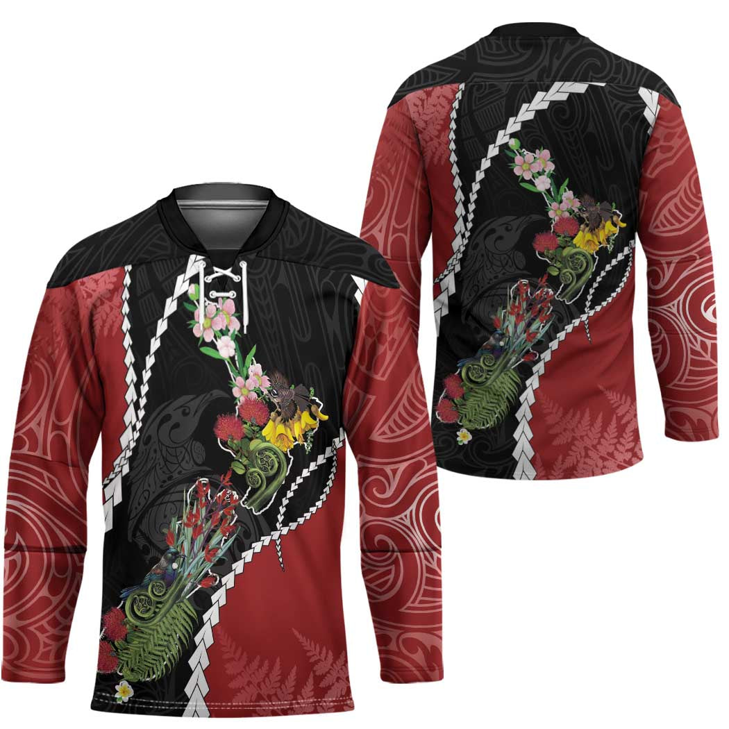 New Zealand Christmas Hockey Jersey Flora Map with Birds - Polynesian Pride