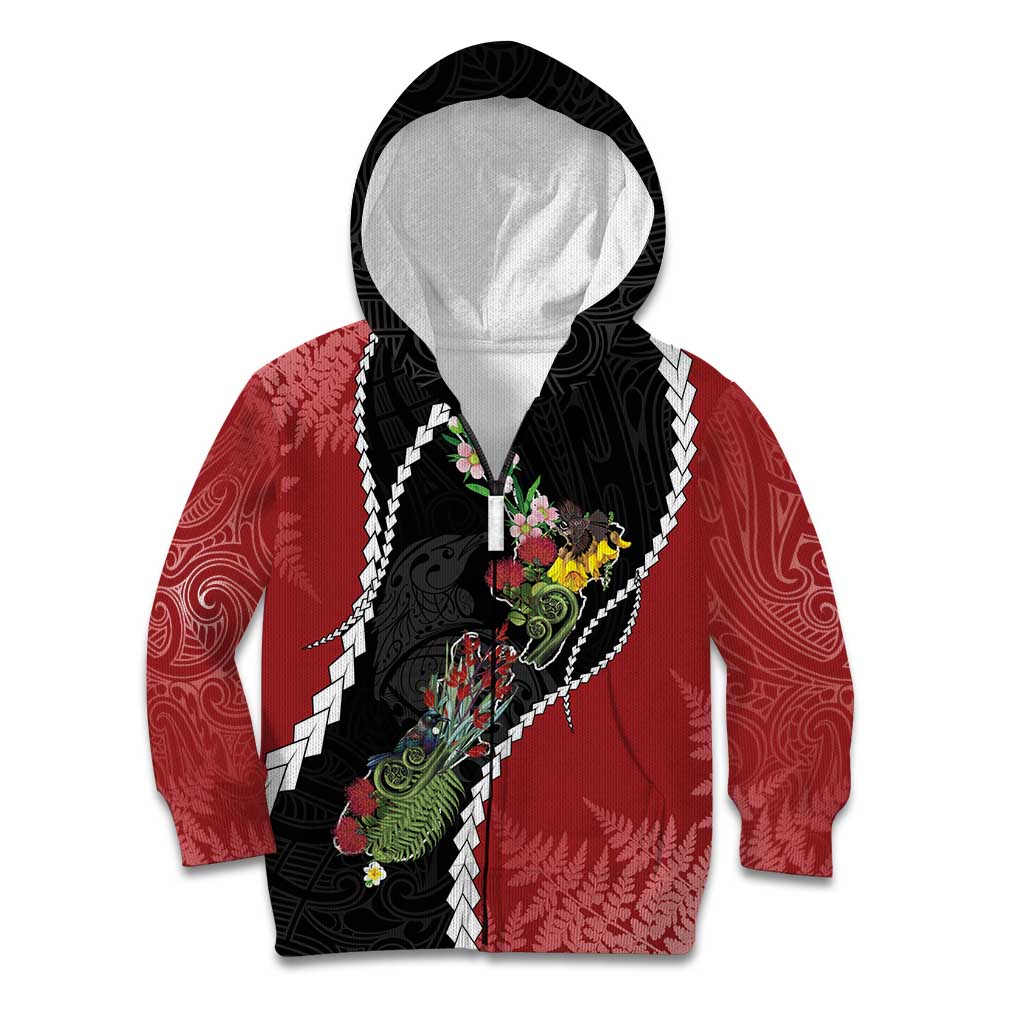 New Zealand Christmas Kid Hoodie Flora Map with Birds - Polynesian Pride