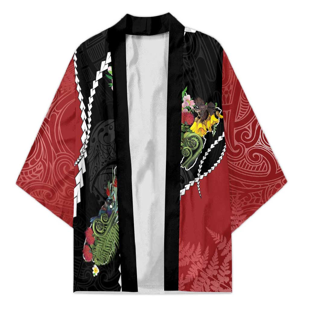 New Zealand Christmas Kimono Flora Map with Birds LT7 Unisex Black - Polynesian Pride
