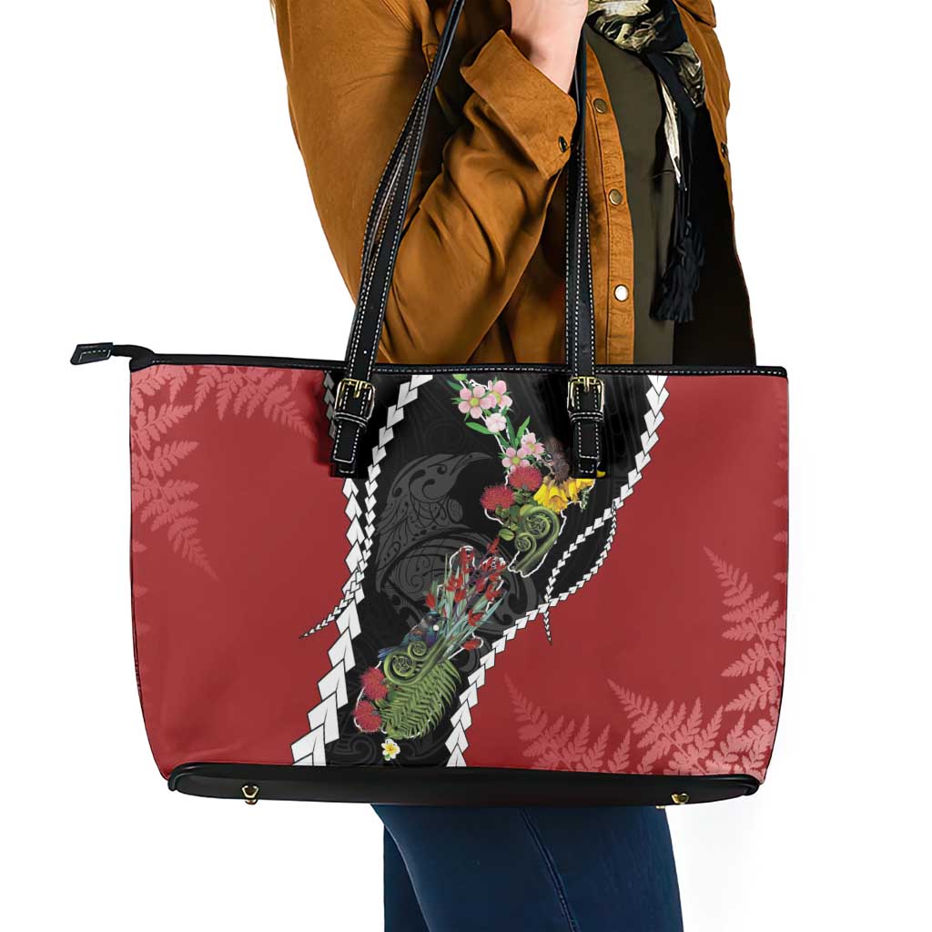 New Zealand Christmas Leather Tote Bag Flora Map with Birds - Polynesian Pride