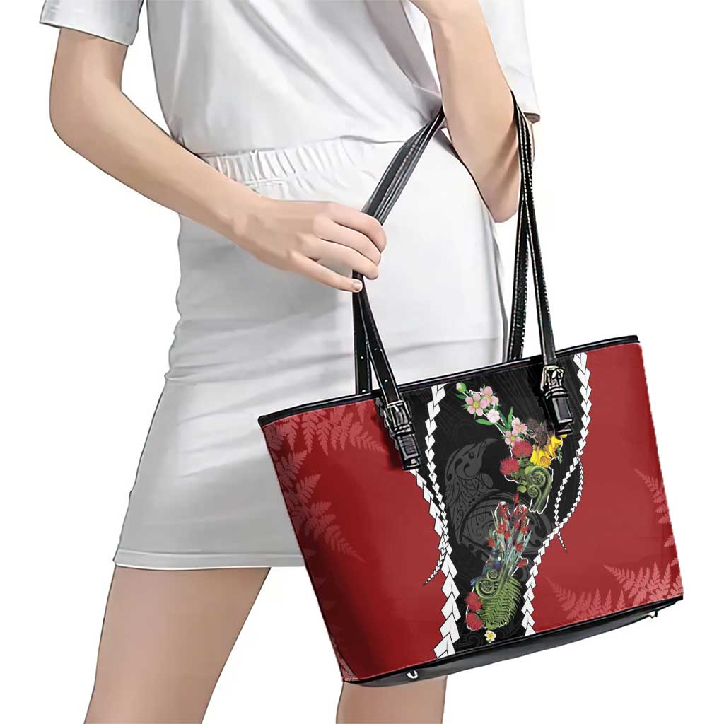 New Zealand Christmas Leather Tote Bag Flora Map with Birds - Polynesian Pride