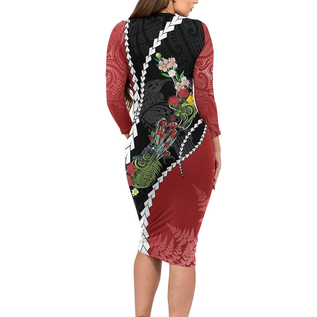 New Zealand Christmas Long Sleeve Bodycon Dress Flora Map with Birds - Polynesian Pride