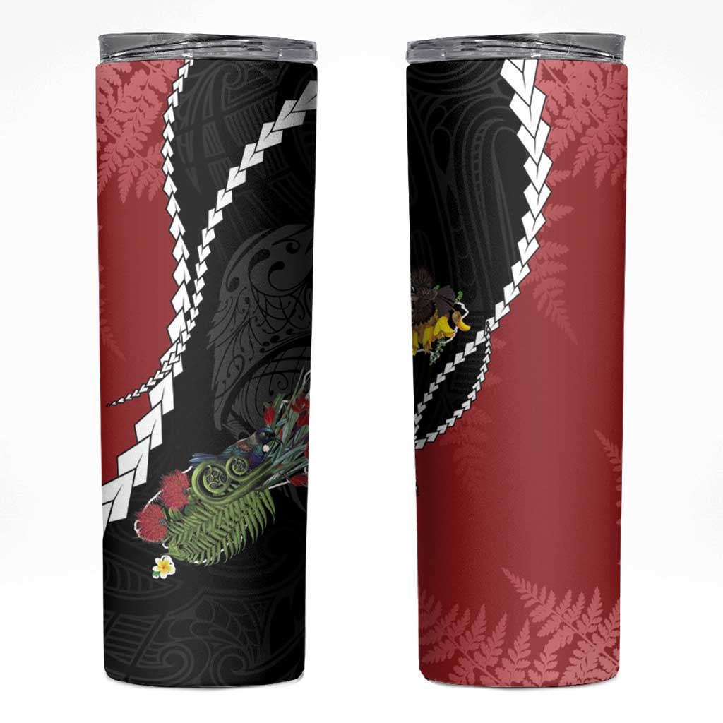 New Zealand Christmas Skinny Tumbler Flora Map with Birds LT7 Black - Polynesian Pride