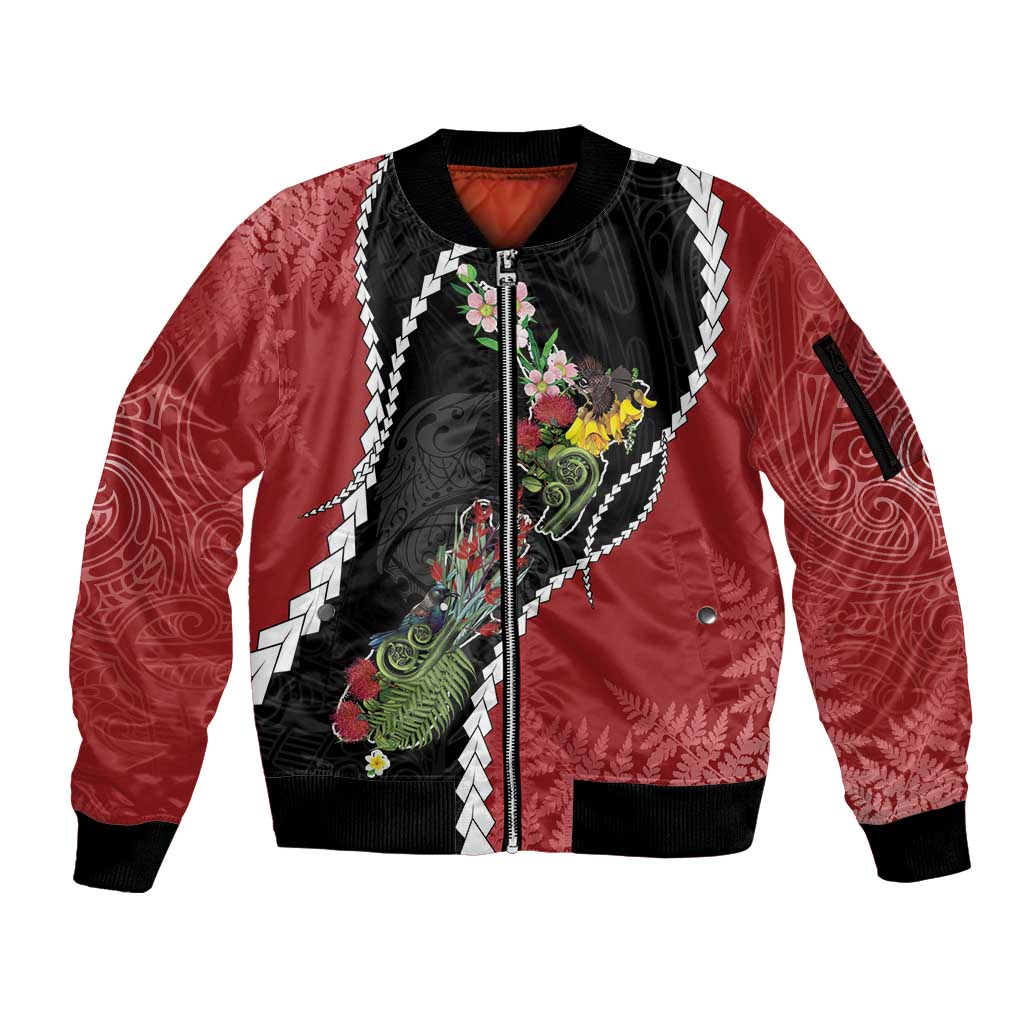 New Zealand Christmas Sleeve Zip Bomber Jacket Flora Map with Birds LT7 Unisex Black - Polynesian Pride