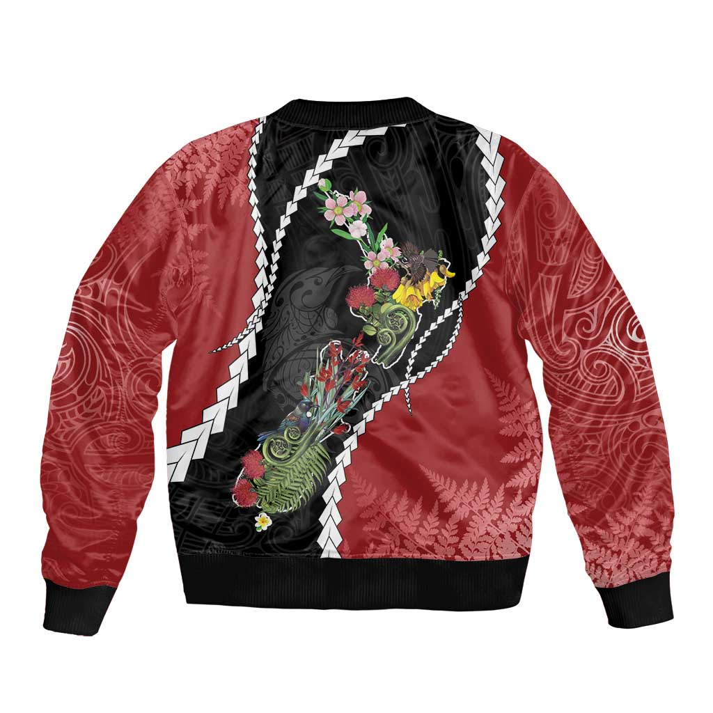 New Zealand Christmas Sleeve Zip Bomber Jacket Flora Map with Birds LT7 - Polynesian Pride