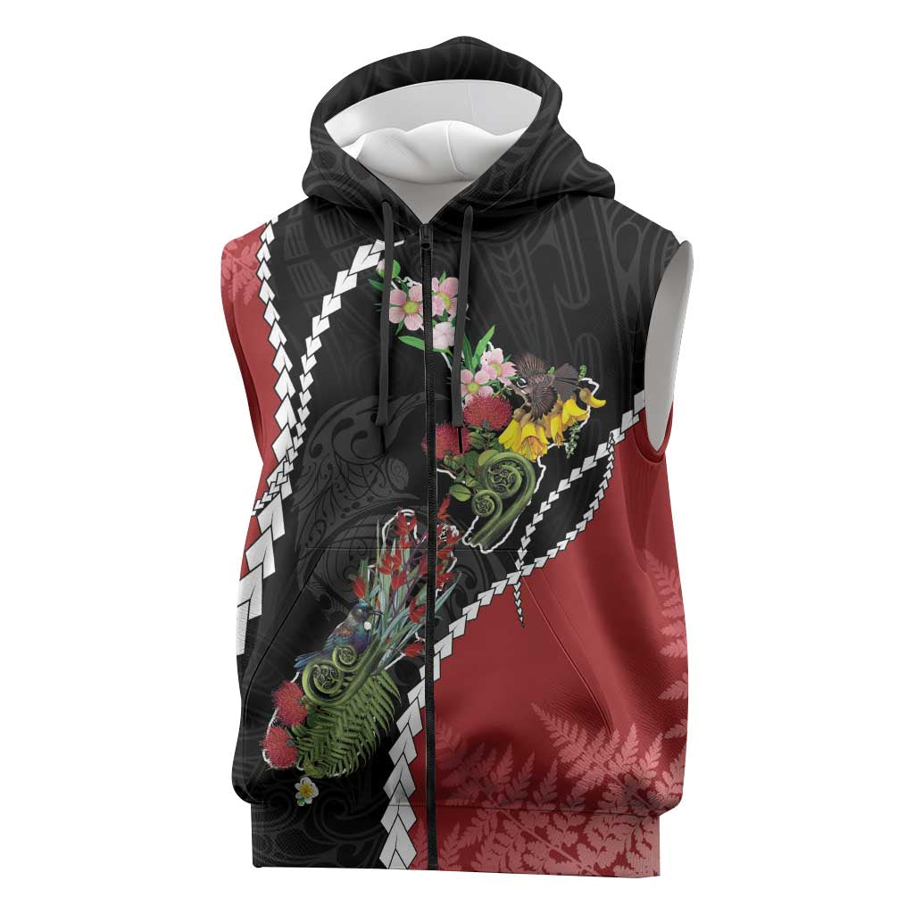 New Zealand Christmas Sleeveless Zip Hoodie Flora Map with Birds - Polynesian Pride