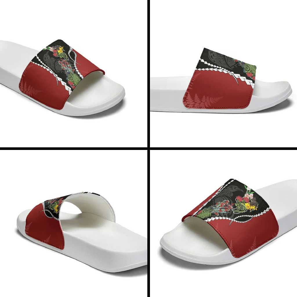 New Zealand Christmas Slide Sandals Flora Map with Birds - Polynesian Pride