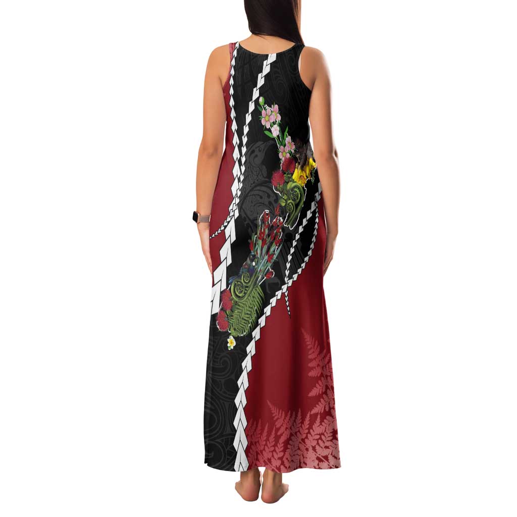 New Zealand Christmas Tank Maxi Dress Flora Map with Birds - Polynesian Pride