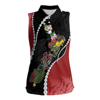 New Zealand Christmas Women Sleeveless Polo Shirt Flora Map with Birds LT7 Female Black - Polynesian Pride