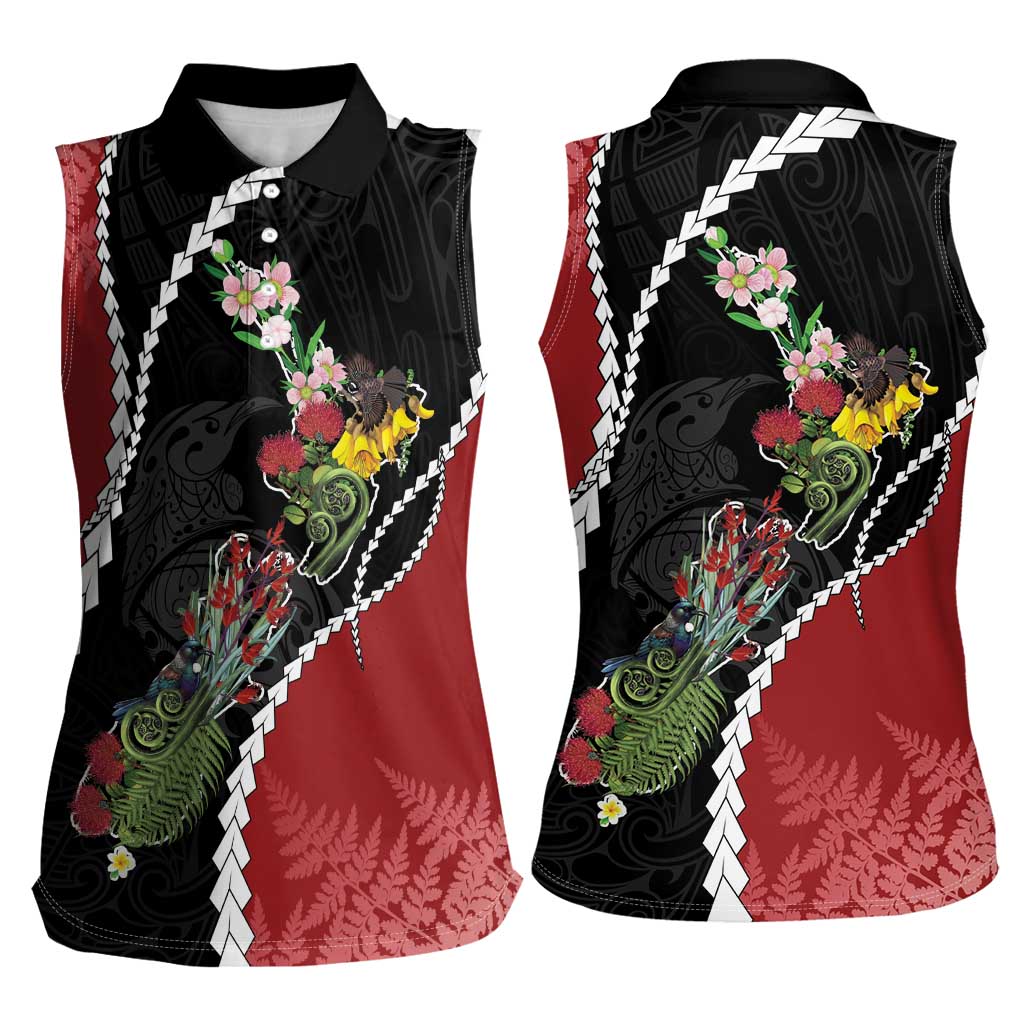 New Zealand Christmas Women Sleeveless Polo Shirt Flora Map with Birds LT7 - Polynesian Pride