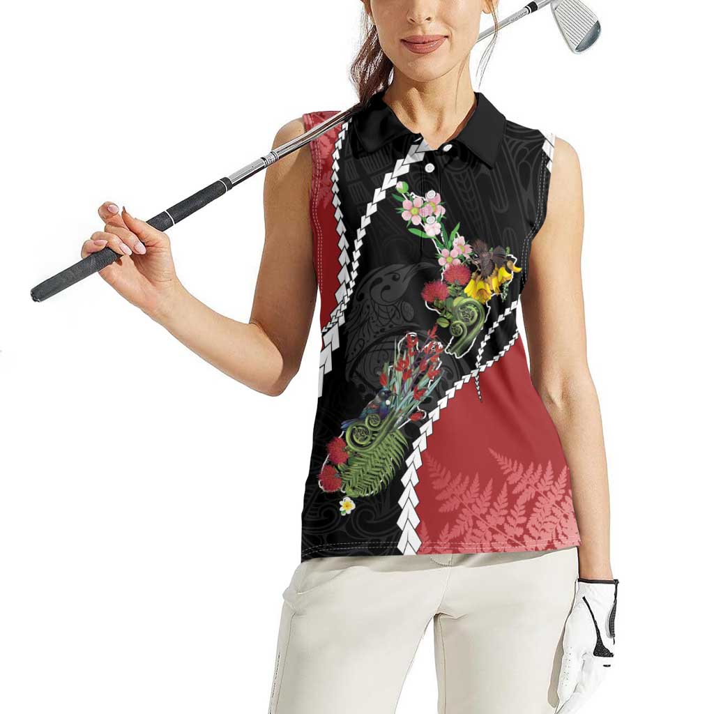 New Zealand Christmas Women Sleeveless Polo Shirt Flora Map with Birds LT7 - Polynesian Pride