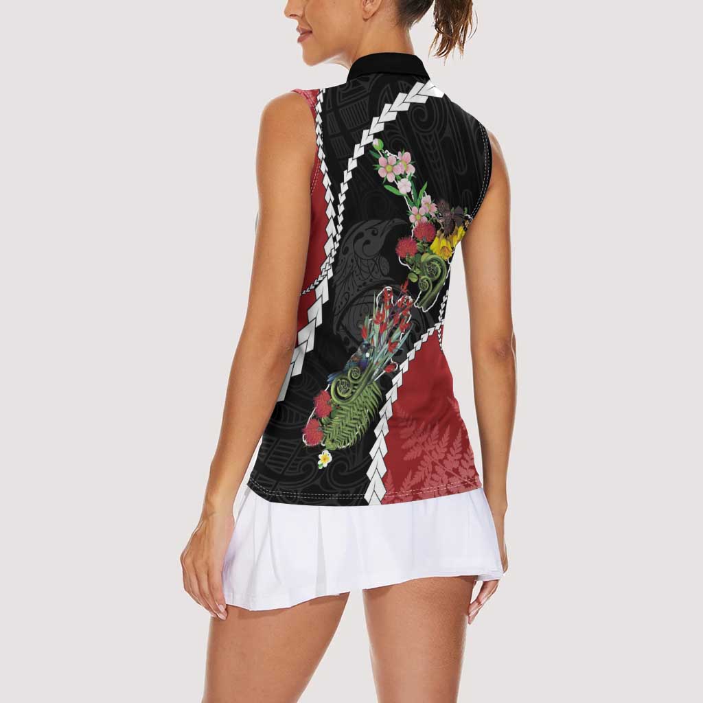 New Zealand Christmas Women Sleeveless Polo Shirt Flora Map with Birds LT7 - Polynesian Pride
