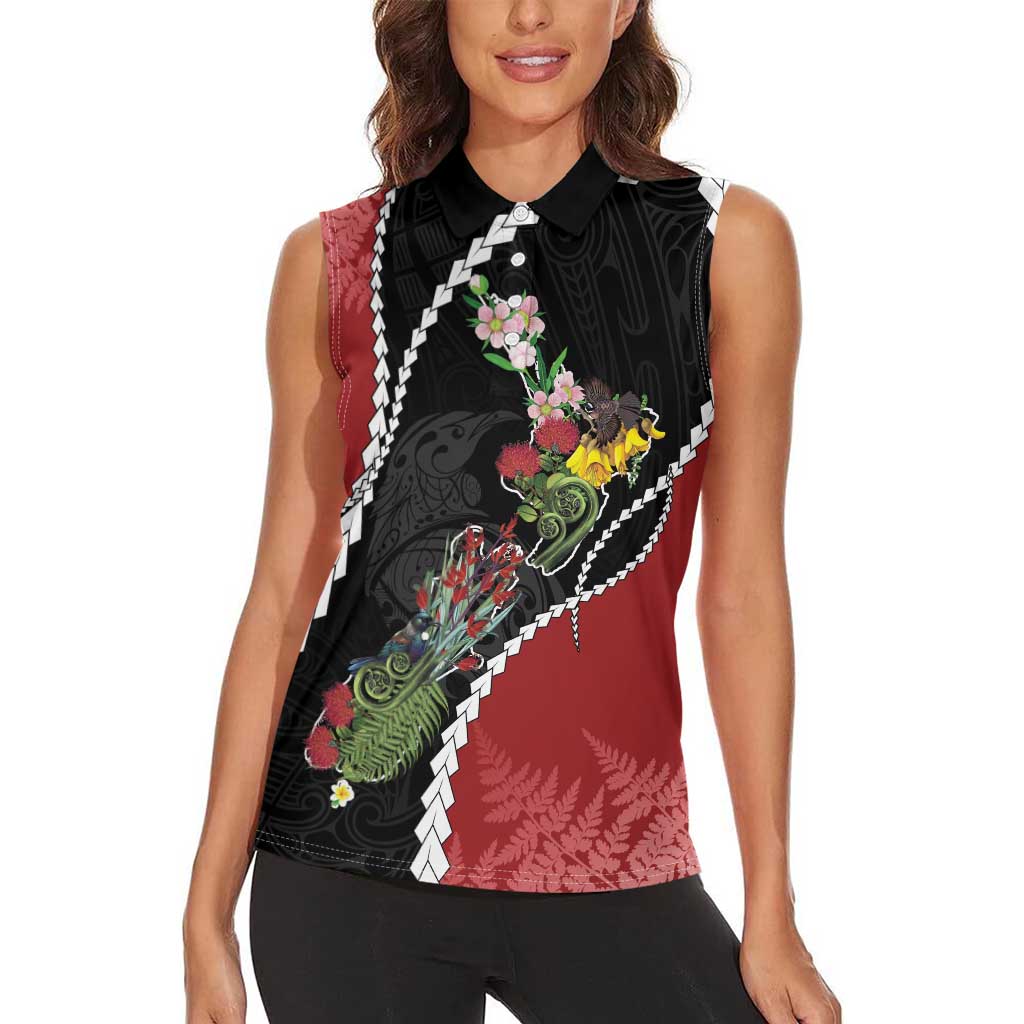 New Zealand Christmas Women Sleeveless Polo Shirt Flora Map with Birds LT7 - Polynesian Pride