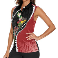 New Zealand Christmas Women Sleeveless Polo Shirt Flora Map with Birds LT7 - Polynesian Pride