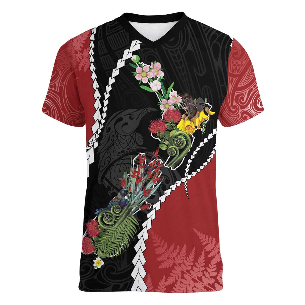 New Zealand Christmas Women V-Neck T-Shirt Flora Map with Birds LT7 Female Black - Polynesian Pride
