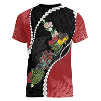 New Zealand Christmas Women V-Neck T-Shirt Flora Map with Birds LT7 - Polynesian Pride