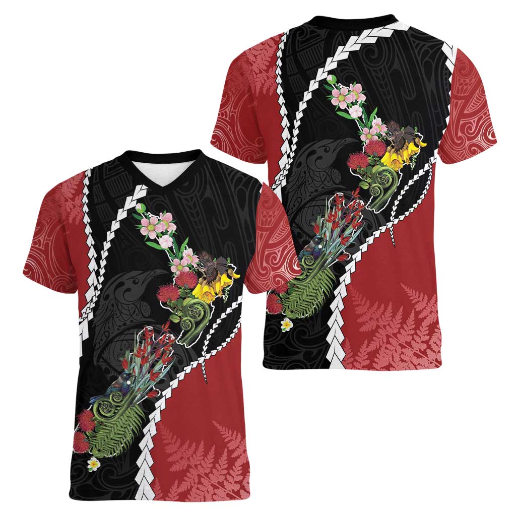 New Zealand Christmas Women V-Neck T-Shirt Flora Map with Birds LT7 - Polynesian Pride