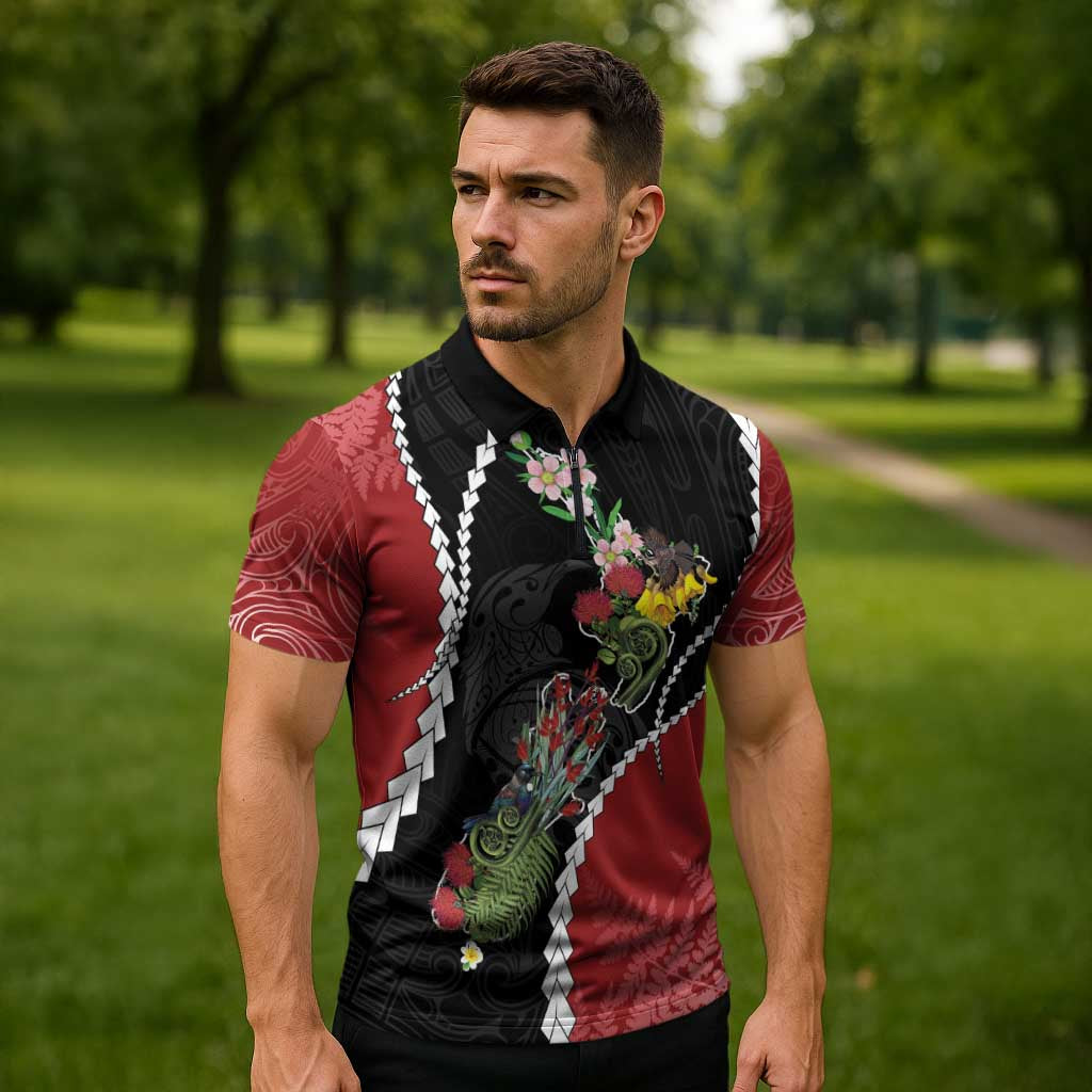 New Zealand Christmas Zipper Polo Shirt Flora Map with Birds - Polynesian Pride