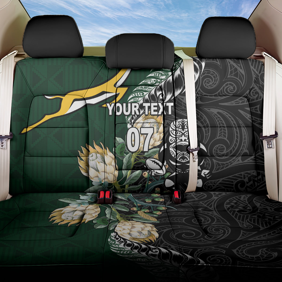 Custom South Africa Mix New Zealand Rugby 2023 Back Car Seat Cover World Cup Greatest Rivalry LT7 One Size Black Green - Polynesian Pride