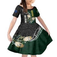 Custom South Africa Mix New Zealand Rugby 2023 Family Matching Short Sleeve Bodycon Dress and Hawaiian Shirt World Cup Greatest Rivalry LT7 Daughter's Dress Black Green - Polynesian Pride