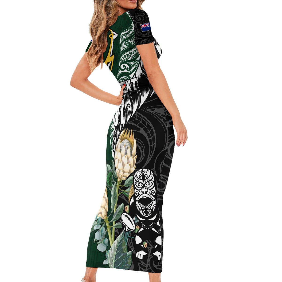 Custom South Africa Mix New Zealand Rugby 2023 Family Matching Short Sleeve Bodycon Dress and Hawaiian Shirt World Cup Greatest Rivalry LT7 - Polynesian Pride