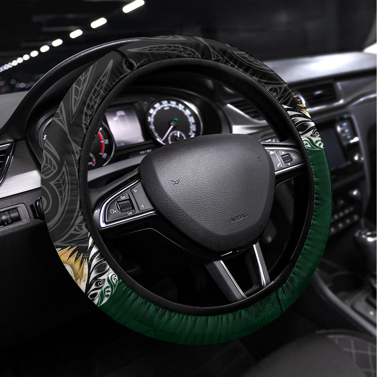 South Africa Mix New Zealand Rugby 2023 Steering Wheel Cover World Cup Greatest Rivalry LT7 Universal Fit Black Green - Polynesian Pride