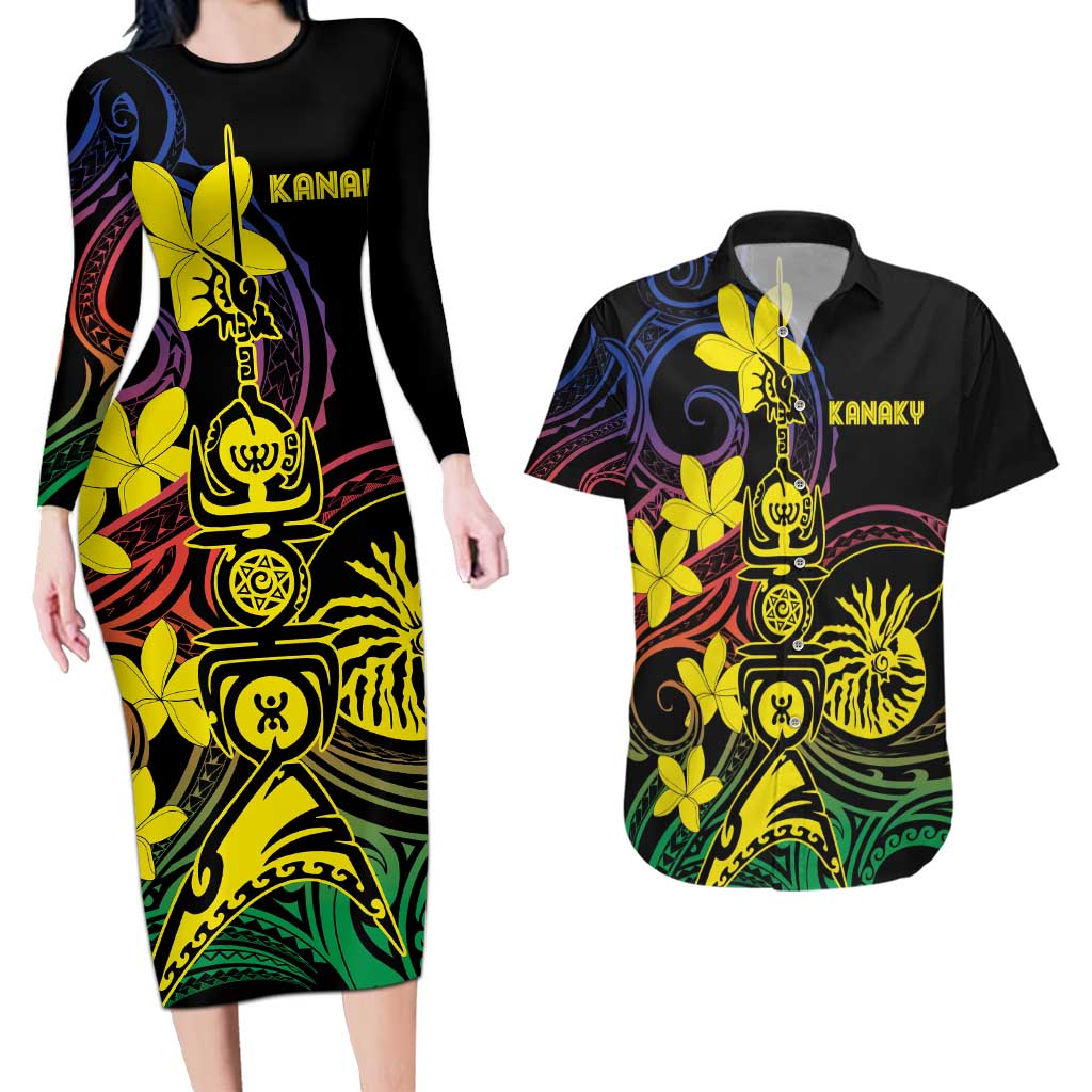 New Caledonia Kanaky Personalized Couples Matching Long Sleeve Bodycon Dress and Hawaiian Shirt Fleche Faitiere - Plumeria LT7 Colorful - Polynesian Pride
