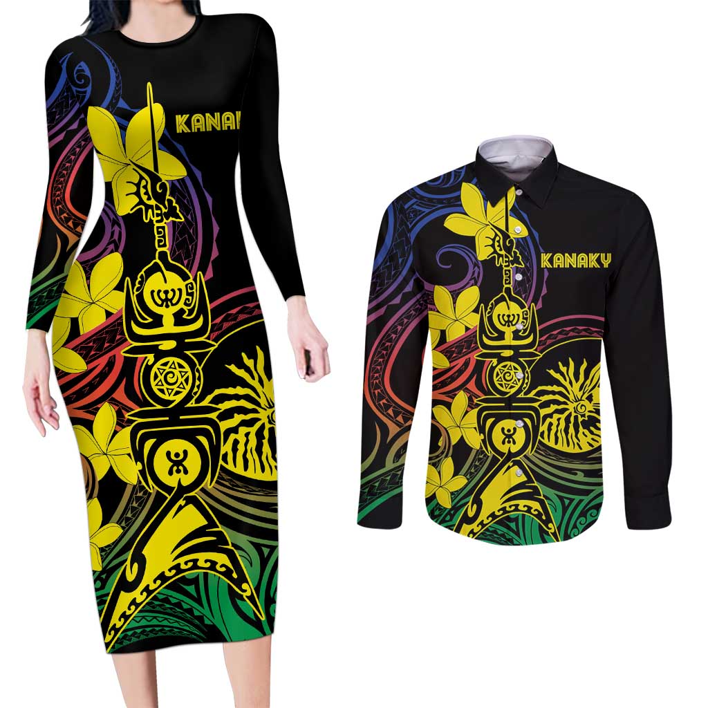 New Caledonia Kanaky Personalized Couples Matching Long Sleeve Bodycon Dress and Long Sleeve Button Shirt Fleche Faitiere - Plumeria LT7 Colorful - Polynesian Pride