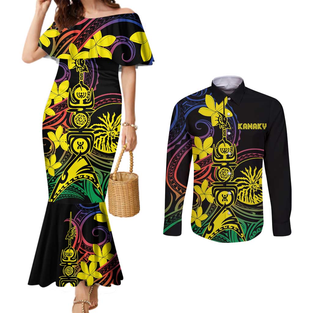 New Caledonia Kanaky Personalized Couples Matching Mermaid Dress and Long Sleeve Button Shirt Fleche Faitiere - Plumeria LT7 Colorful - Polynesian Pride