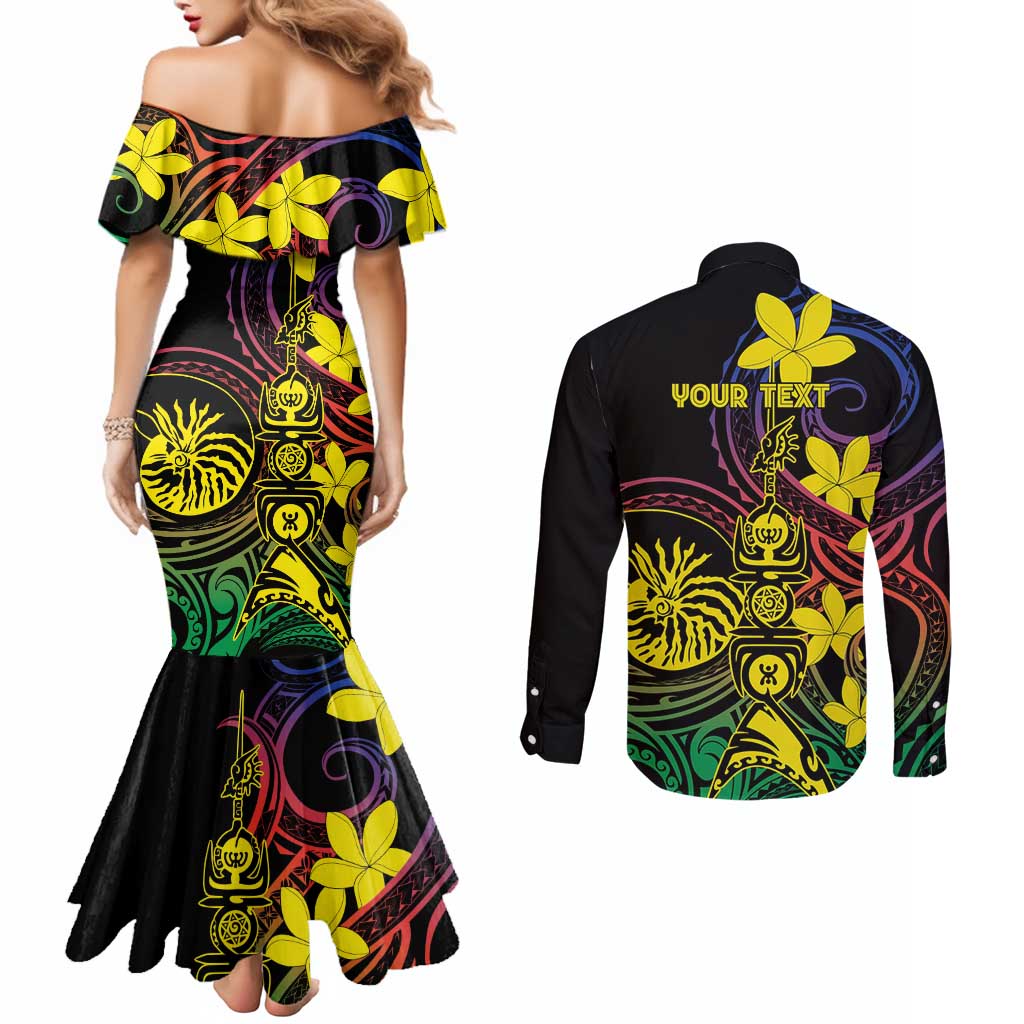 New Caledonia Kanaky Personalized Couples Matching Mermaid Dress and Long Sleeve Button Shirt Fleche Faitiere - Plumeria LT7 - Polynesian Pride