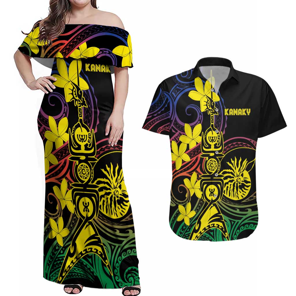 New Caledonia Kanaky Personalized Couples Matching Off Shoulder Maxi Dress and Hawaiian Shirt Fleche Faitiere - Plumeria LT7 Colorful - Polynesian Pride