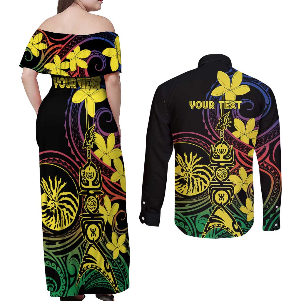 New Caledonia Kanaky Personalized Couples Matching Off Shoulder Maxi Dress and Long Sleeve Button Shirt Fleche Faitiere - Plumeria LT7 - Polynesian Pride
