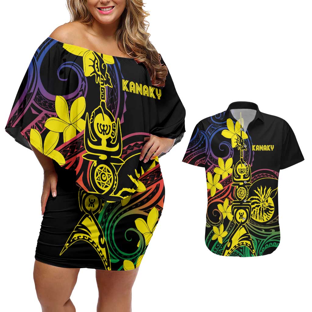 New Caledonia Kanaky Personalized Couples Matching Off Shoulder Short Dress and Hawaiian Shirt Fleche Faitiere - Plumeria LT7 Colorful - Polynesian Pride