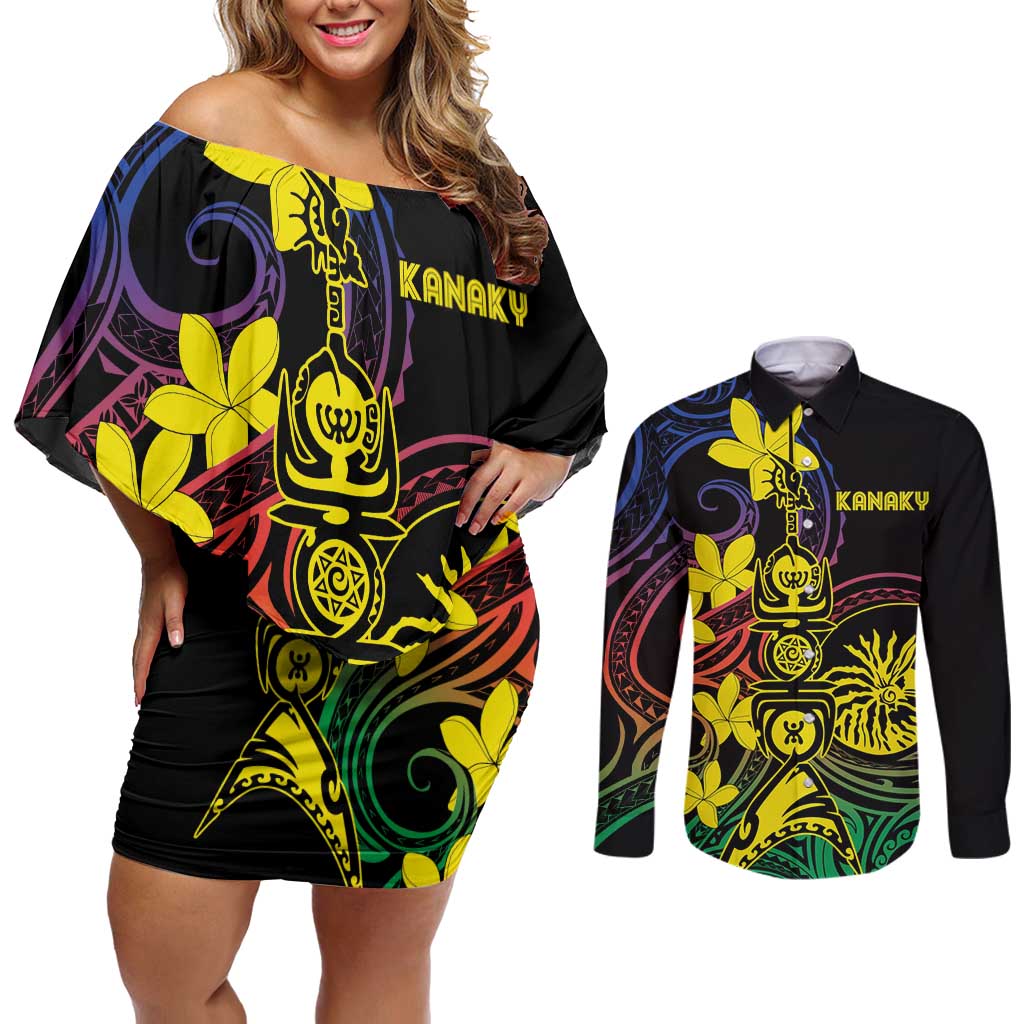 New Caledonia Kanaky Personalized Couples Matching Off Shoulder Short Dress and Long Sleeve Button Shirt Fleche Faitiere - Plumeria LT7 Colorful - Polynesian Pride